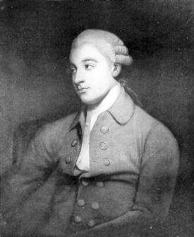 Portrait of a man in 18th-century attire with a high-collared shirt and double-breasted coat. He has styled hair typical of the period and is posed in a seated position, facing slightly to the left. The background is dark and plain.