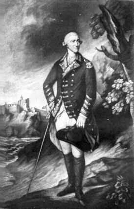 A black-and-white depiction of a man in 18th-century naval attire standing outdoors. He wears a double-breasted coat with epaulets and buttons, breeches, and tall boots. His right hand holds a sword resting on the ground, while his left hand holds a tricorn hat. In the background, there is a coastal scene with a large building or fortress on a rocky shore, and foliage on the right side.