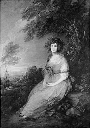 A woman seated outdoors on the ground near a tree, dressed in a long, flowing gown with puffed sleeves. She holds a bouquet of flowers in her lap and gazes softly toward the viewer. The background features a distant landscape with clouds and trees, creating a serene and natural setting.
