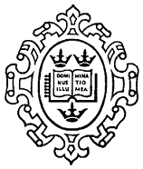 A symmetrical, ornate decorative frame surrounds an oval emblem. Inside the oval, a shield shape is divided into four quadrants by a vertical and horizontal line. The top left quadrant contains the word "DOMI," the top right contains a small depiction of a tower, the bottom left quadrant contains the word "NUS," and the bottom right contains the word "MINI MEA." Below the shield is a small crown, and another crown is centered above the shield. The surrounding frame features symmetrical, curvilinear embellishments extending outward.
