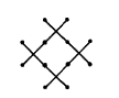 A symmetrical geometric pattern composed of nine small black dots arranged in a diamond shape with three dots on each side. Black lines connect the dots to form overlapping X shapes within the diamond, creating a lattice or grid-like structure.