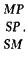A vertical sequence of three rows of black uppercase letters on a white background. The first row contains "MP," the second row "SP," and the third row "SM," all centered and evenly spaced.