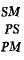 The image displays three pairs of letters arranged vertically. The first pair is "SM," the second pair is "PS," and the third pair is "PM." Each pair is centered and aligned one below the other on a plain white background.